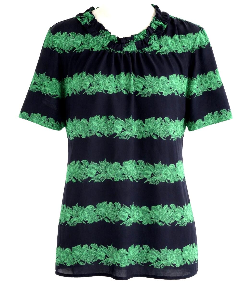 J.Crew Factory Navy Green Floral Stripe Ruffle Neck Blouse Size 12